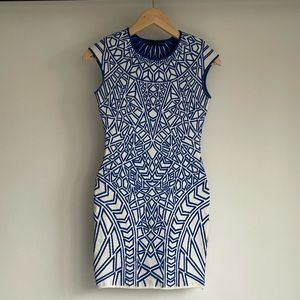 RVN Geometric-Print Blue White Bodycon Sheath Cocktail Party
